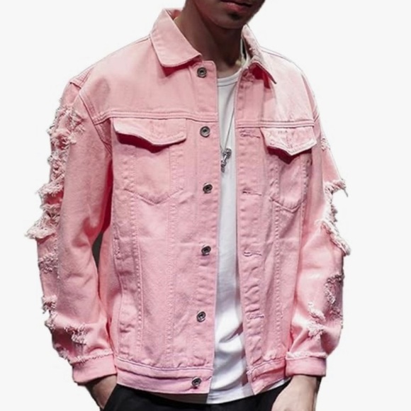 Distressed Pink Wash Denim Motorcycle Mens Jacket